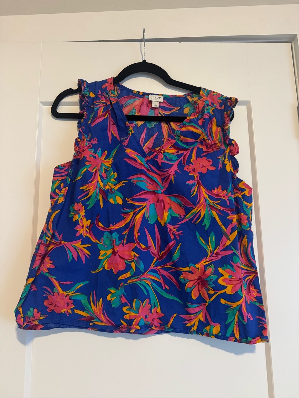 J. Crew Floral Ruffle Tank in Blue with Pink & Green Accents